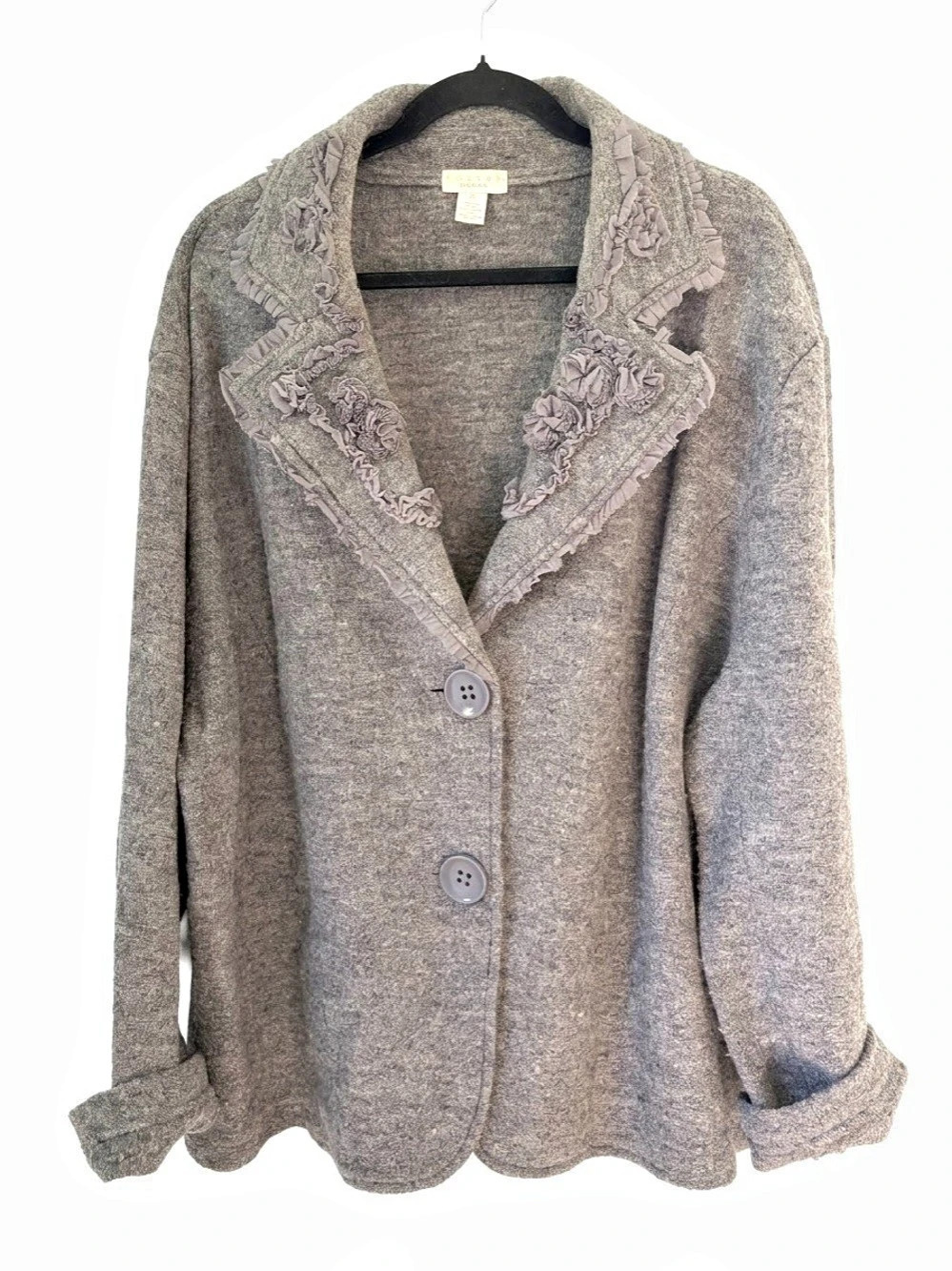 Tweeds Wool Gray Embroidered Collar Cardigan 3X